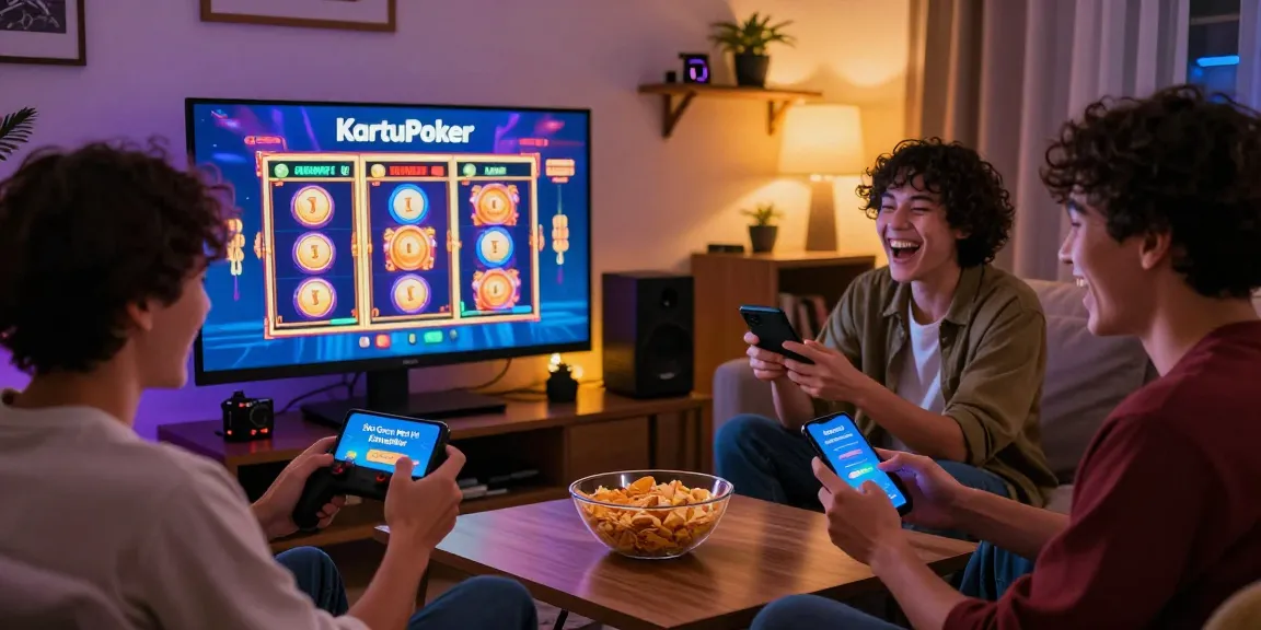 Friends enjoying Slot Gacor Hari Ini Kartupoker in a lively gaming session at home.