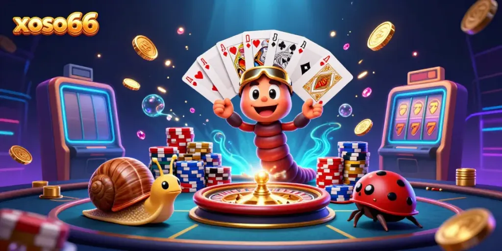 Experience excitement with xoso66's vibrant illustration featuring a playful millipede dealer at a lively casino scene.