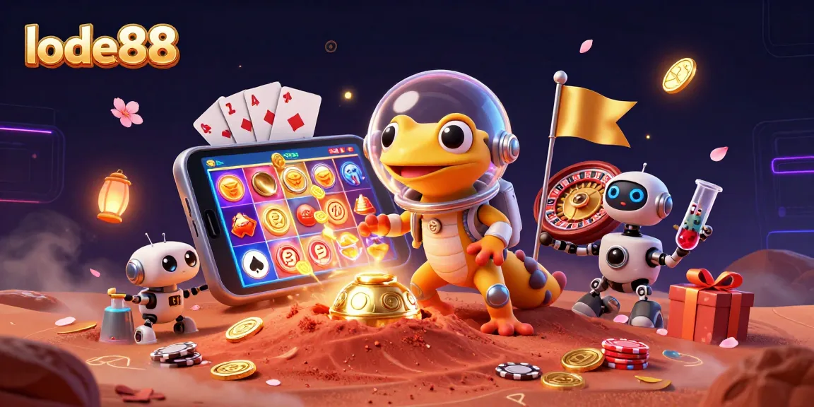 Experience thrilling adventures at lode88 with a vibrant scene of a Martian gecko and golden casino treasures.