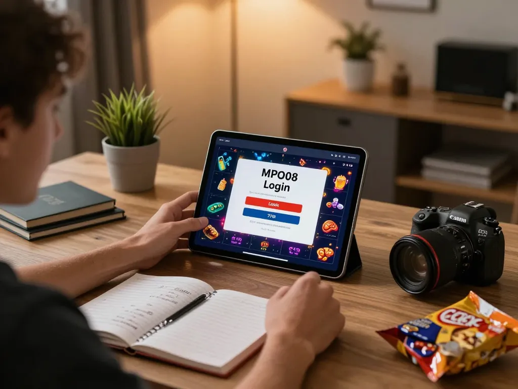 MPO08 Login 778 interface shown on tablet in a cozy home office gaming setup, promoting responsible online gambling strategies.