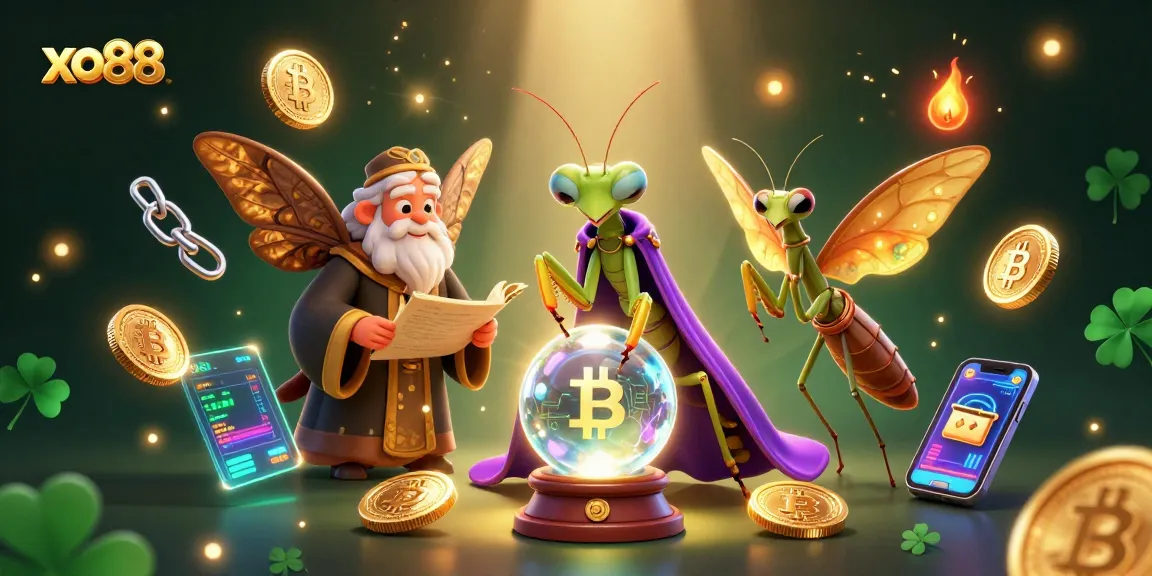 Engage with xo88 casino chances in this vibrant mystical scene featuring fortune tellers and cryptocurrencies.