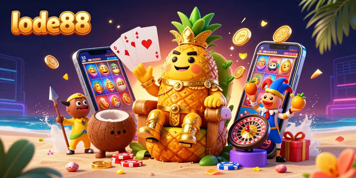 Experience the excitement of lode88 with a vibrant 3D casino scene featuring a golden pineapple king and thrilling game elements.