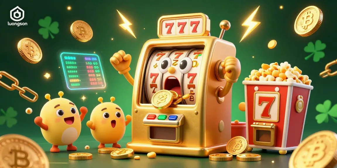 luongson slot machine celebrates jackpot victory, surrounded by cheering smaller machines and vibrant casino elements.