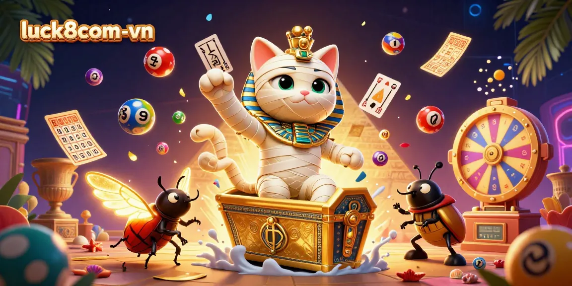 Spin the reels with luck8com-vn's vibrant mummy cat and thrilling casino elements in 3D!