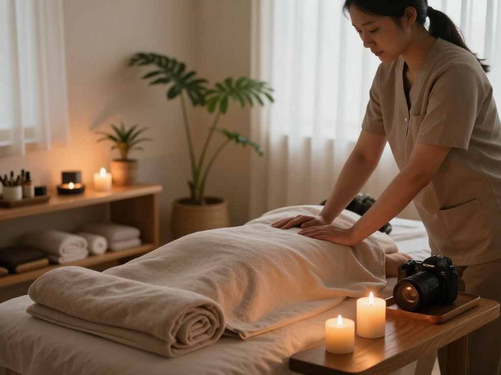 Experience soothing 서울출장안마 in a tranquil massage therapy room with calming decor and ambient lighting.
