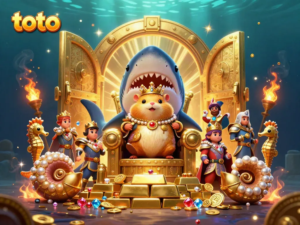 Toto gambling scene featuring a hamster king on a shark tooth throne among treasures