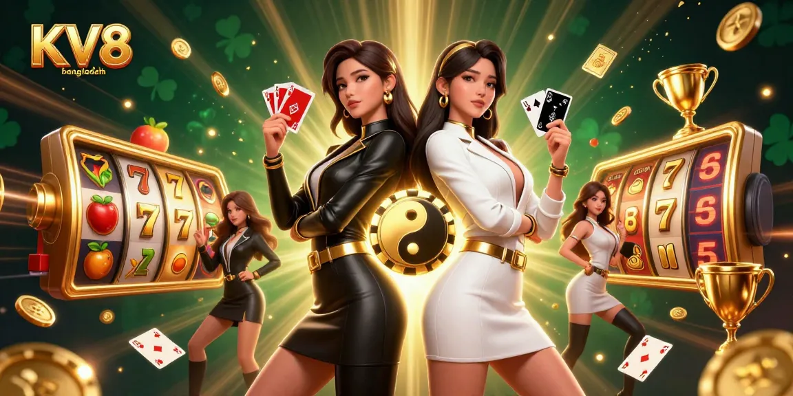 Experience thrilling gameplay at KV8 bangladesh with stunning twin Asian women holding playing cards amidst shining casino elements.