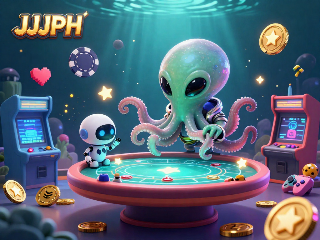 Experience thrilling poker action with JJJPH's alien octopus at holographic tables in a vibrant cosmic casino.