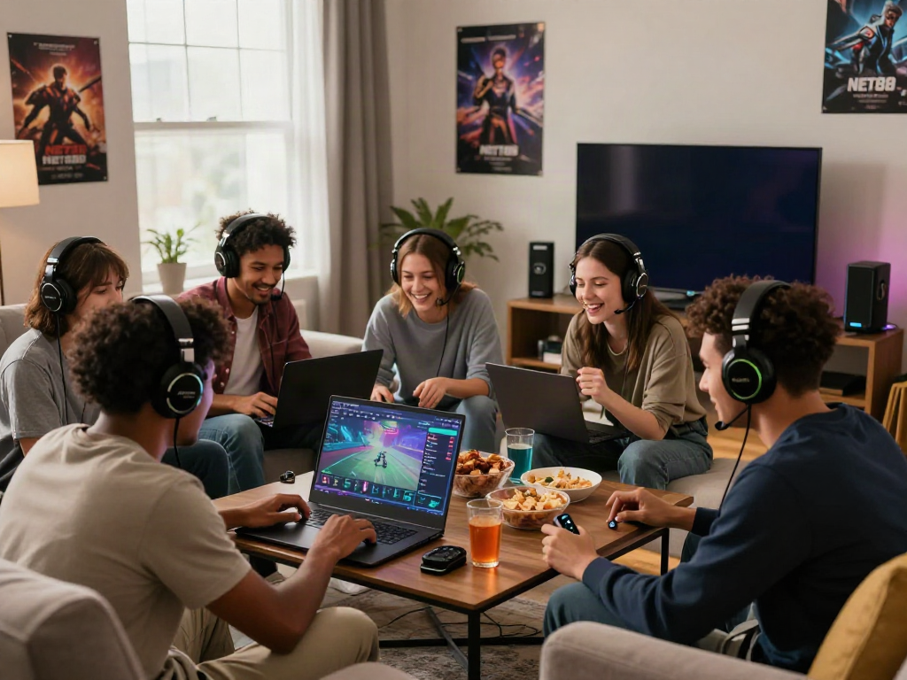 Diverse friends enjoying gaming on the NET88 platform in a cozy living room setting.