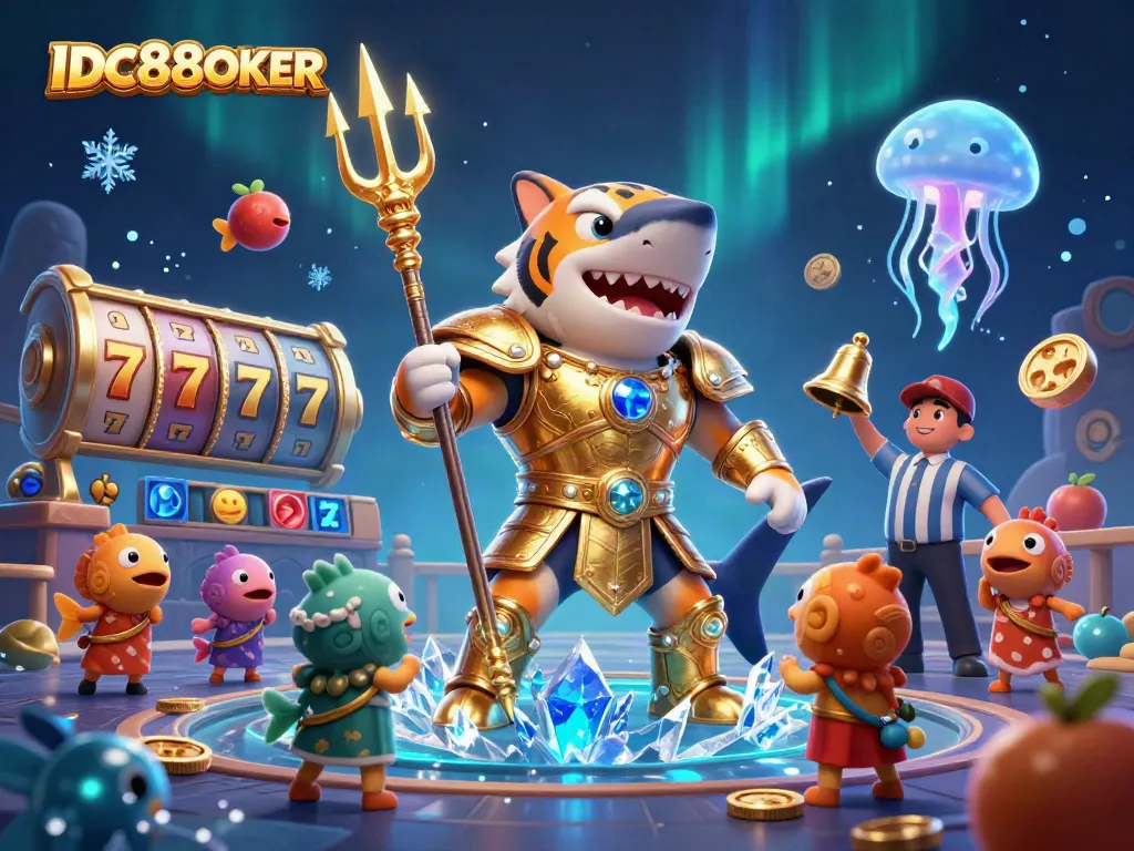 Play and win with IDC88JOKER in this vibrant casino underwater scene featuring a gladiator shark!