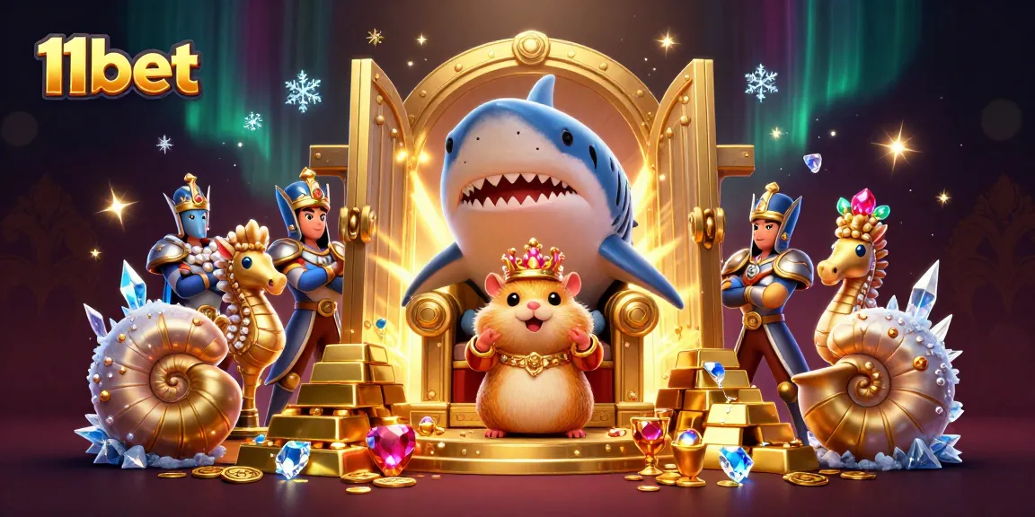 Experience the excitement of 11bet with a golden hamster king in a treasure-filled casino scene.