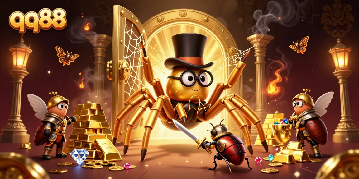 Experience thrilling gaming at qq88 with a golden tarantula and knight in an exciting casino scene.