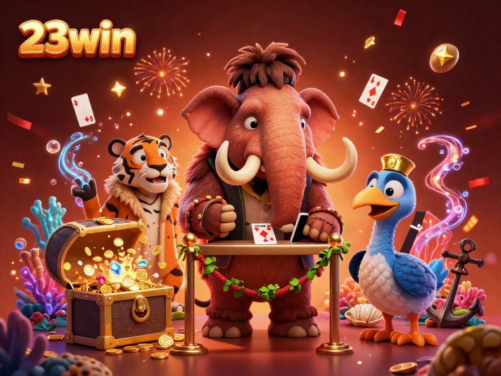 Experience thrilling gaming adventures at 23win with a vibrant casino scene featuring unique characters.