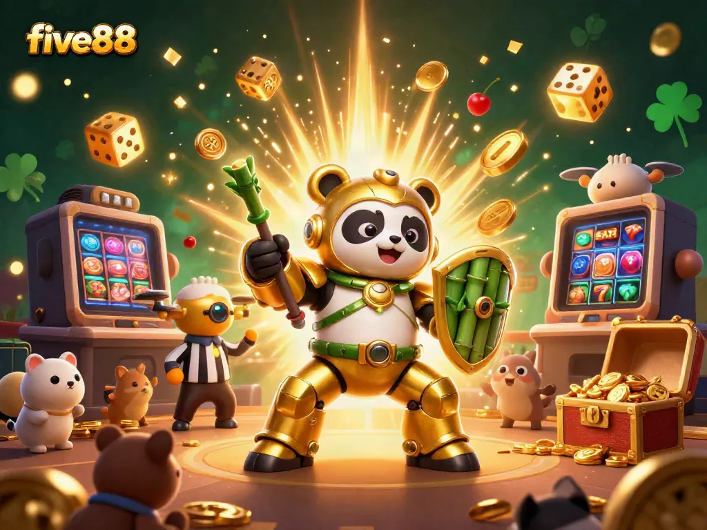 Five88's engaging 3D scene showcasing a mech-suit panda in a dynamic casino environment filled with jackpots and excitement.