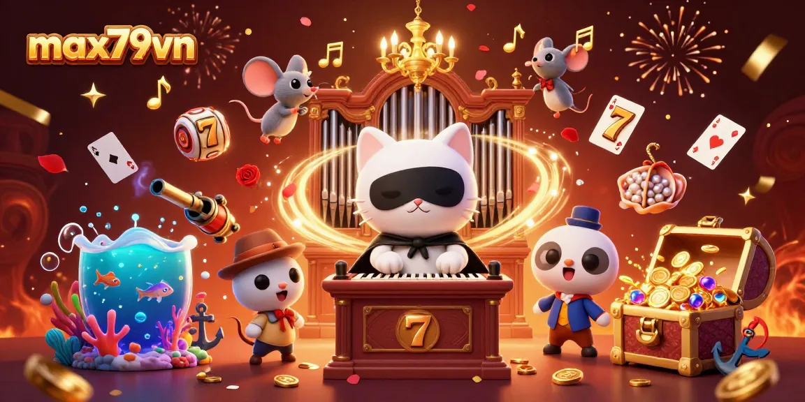 Experience thrilling gameplay at max79vn with a whimsical illustration of a casino cat character and vibrant scenes.