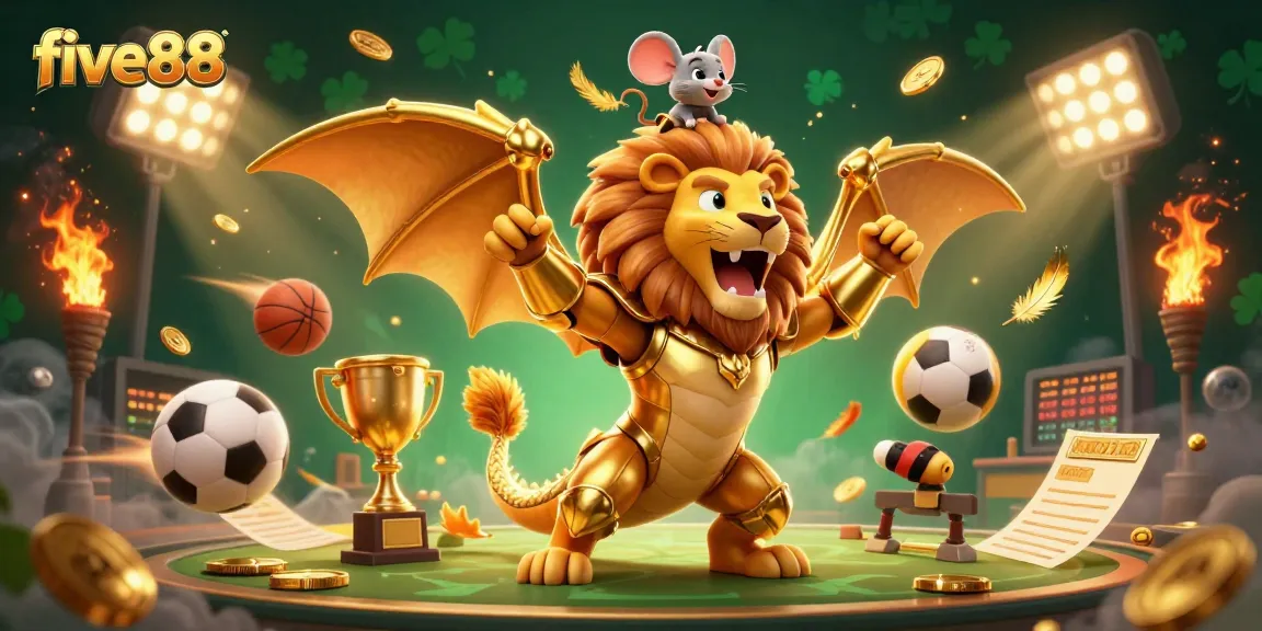 Engage in thrilling moments with five88's high-energy casino action featuring a triumphant chimera and dynamic sports elements.