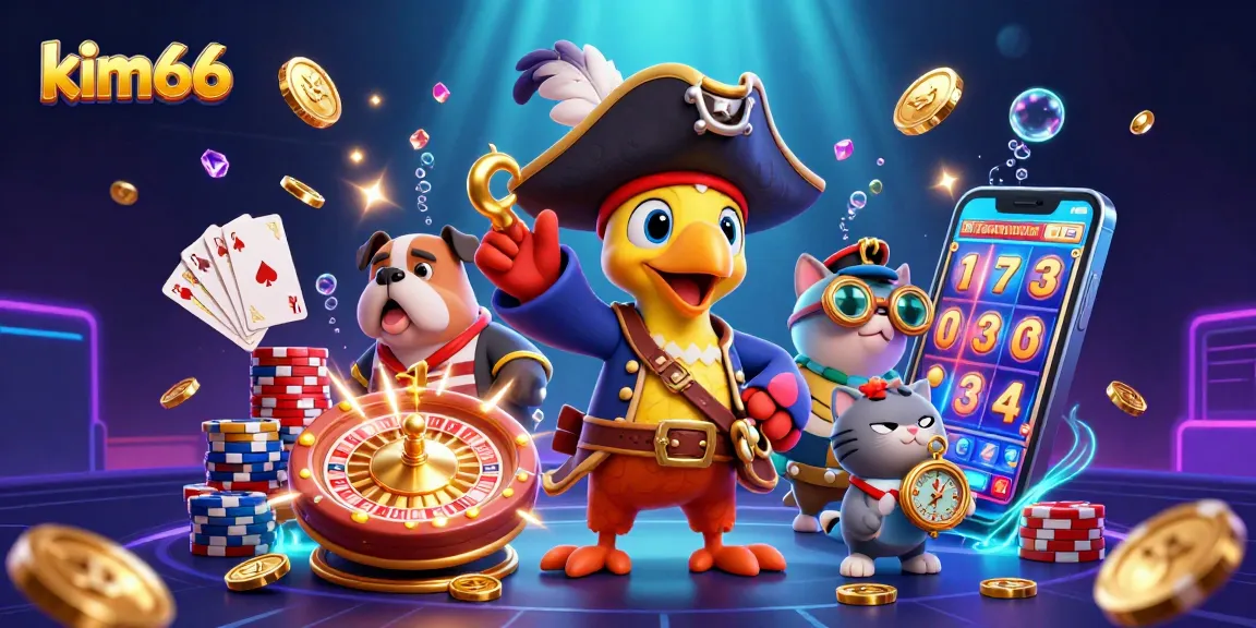 The dynamic scene showcases kim66, featuring a pirate and dog commanding a vibrant casino adventure filled with sparkling coins and a spinning roulette wheel.