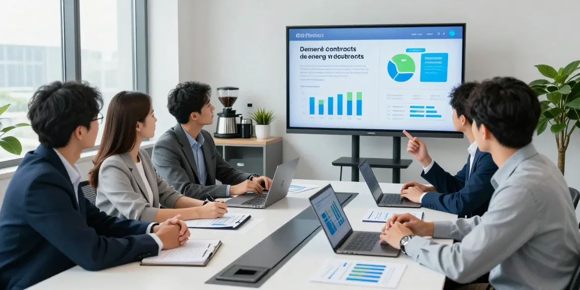 Business professionals discussing deemed contracts for business electricity in a modern office setting with visual data.