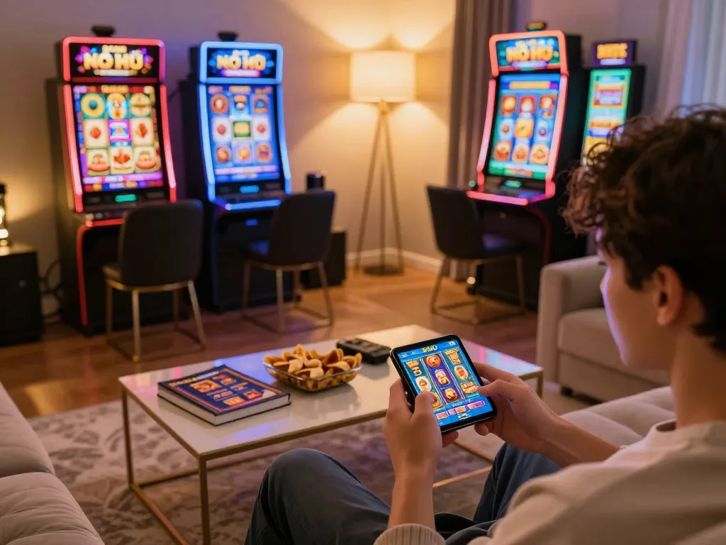 Nổ Hũ gameplay on smartphone with vibrant slot graphics in a cozy home setting