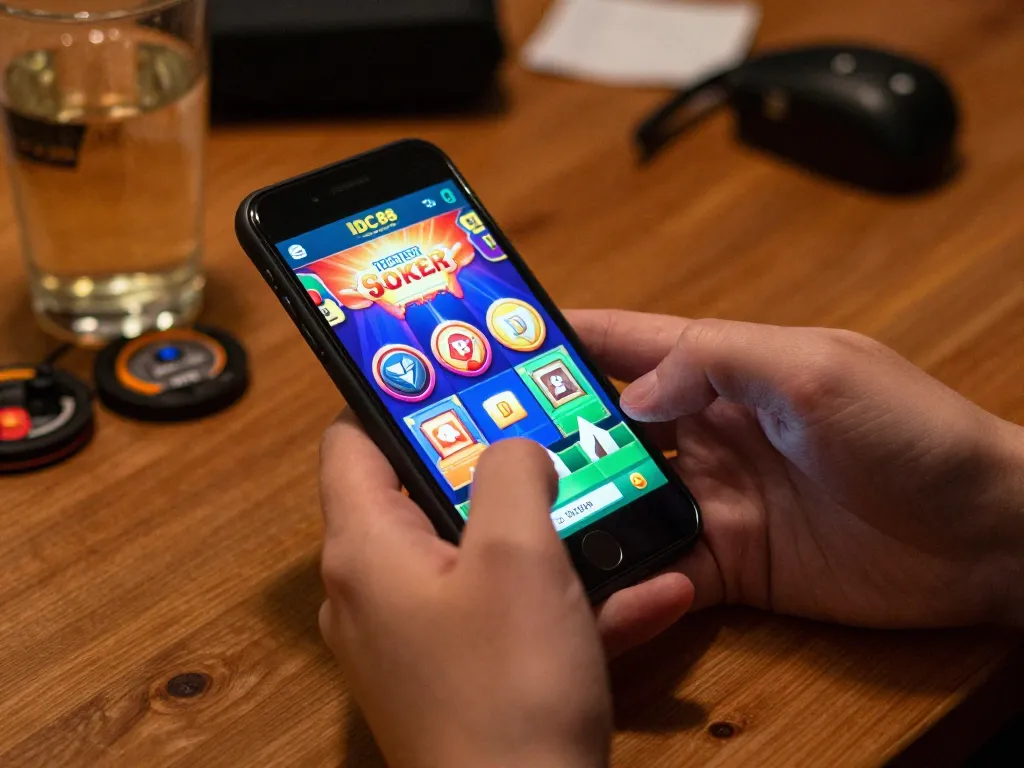Playing IDC88 JOKER game on smartphone with engaging visuals in cozy home setting.