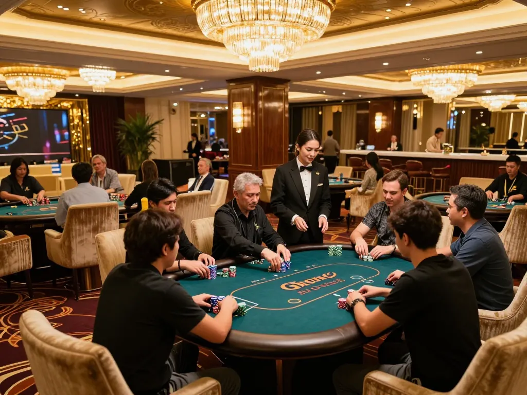 rokok88 players engaging in high-stakes poker in a luxurious casino environment