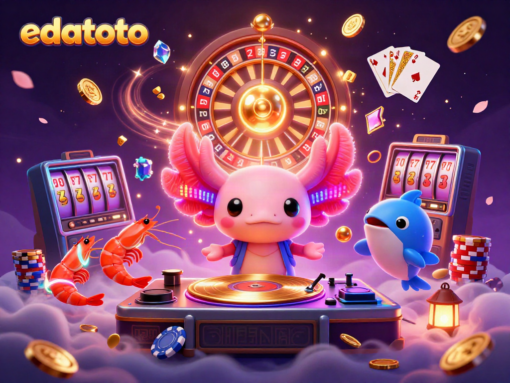 Experience winning moments with edatoto as a vibrant axolotl DJ spins underwater casino games amid dazzling gold coins and bright gems.
