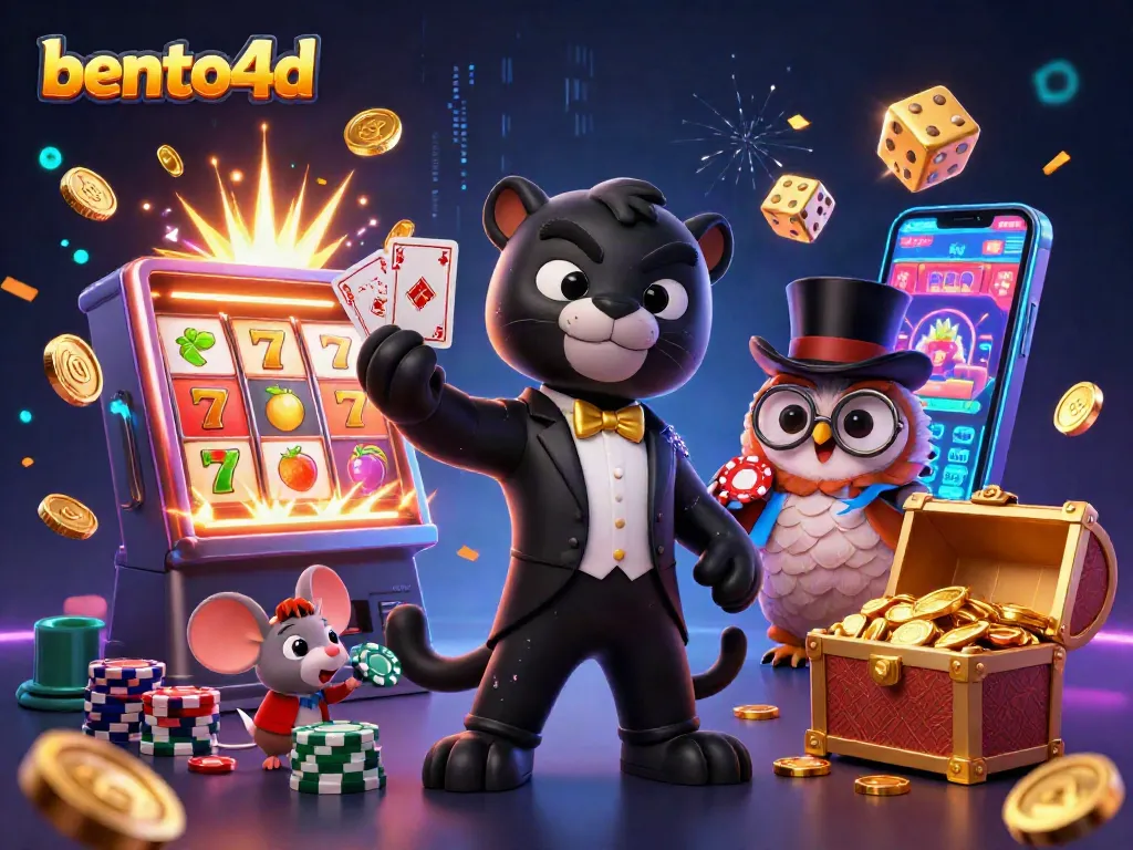 Engage in thrilling action with bento4d as a stylish panther, owl, and mouse play cards amid dynamic slot machines and casino elements.