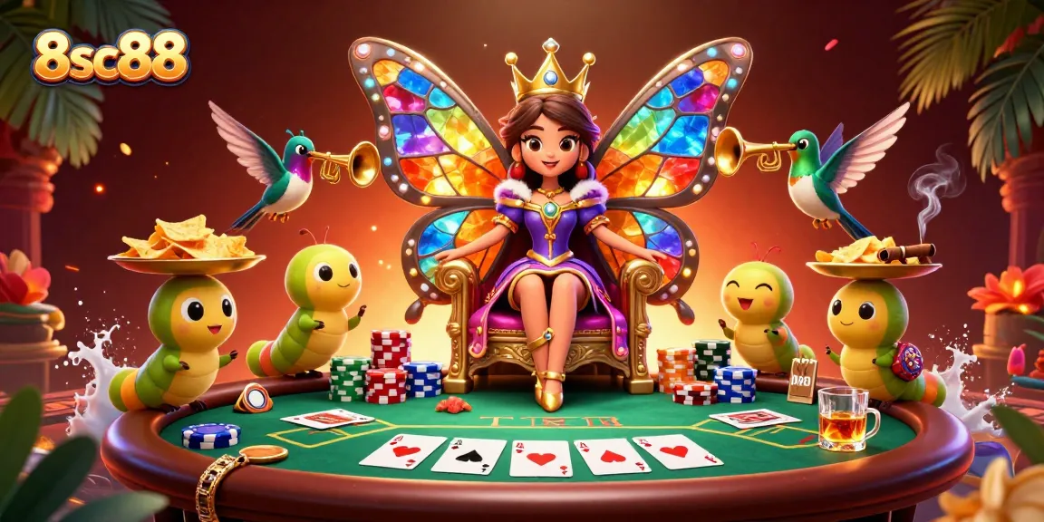 Play exciting games at 8sc88, featuring a vibrant casino scene with poker elements and enchanting characters.