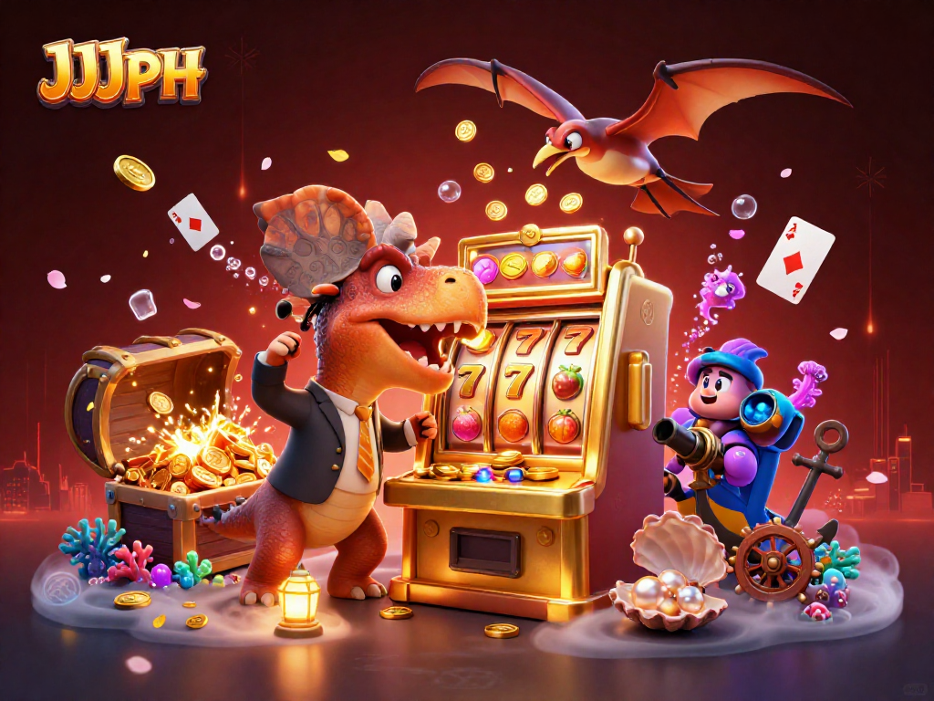 JJJPH slot scene where a pachycephalosaurus hits a slot machine, winning coins everywhere.
