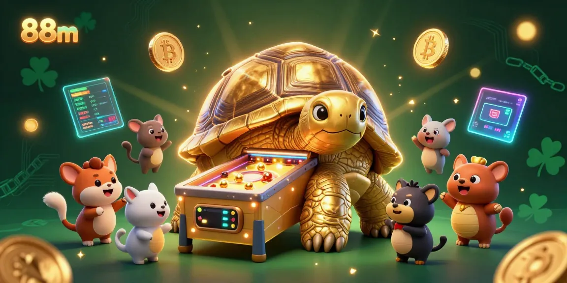 Experience the excitement of 88m with a vibrant 3D casino illustration featuring a golden tortoise pinball machine.