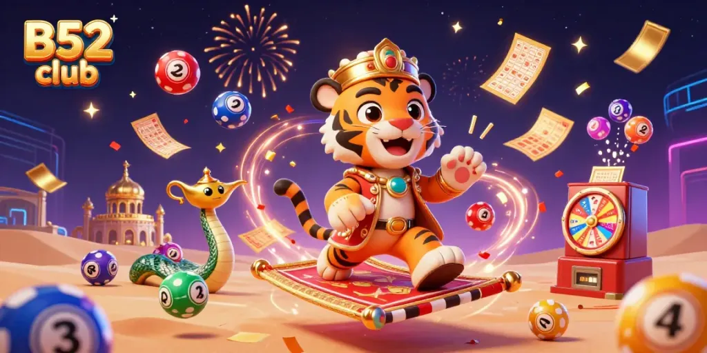 Experience the captivating B52 club with a vibrant scene of Arabian Nights-themed characters and casino elements.