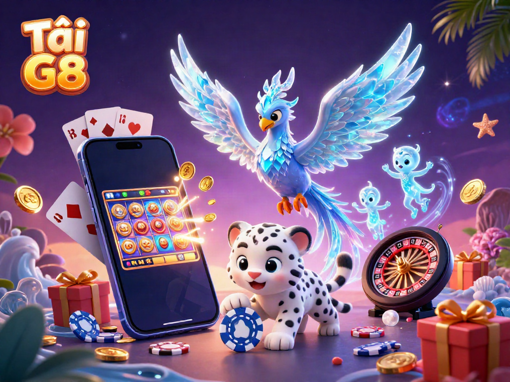 Tải Go 88 captivating casino scene with colorful slots and playful characters.