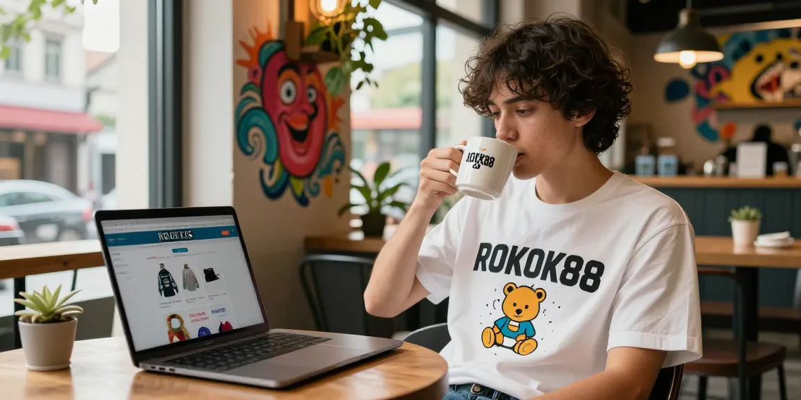 Young adult enjoying ROKOK88 merchandise in a trendy café, showcasing lifestyle and culture.