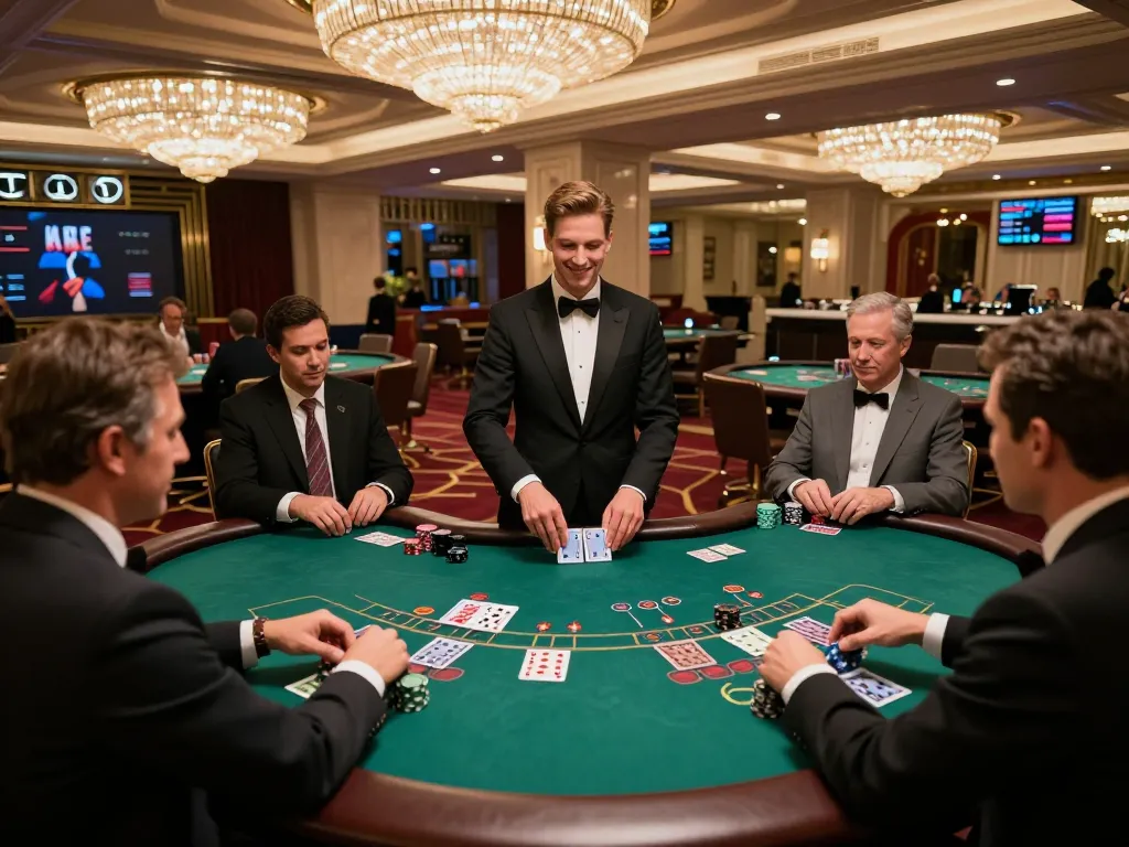 LIGALGO LOGIN at an upscale casino blackjack table with players engaged and colorful chips in action.