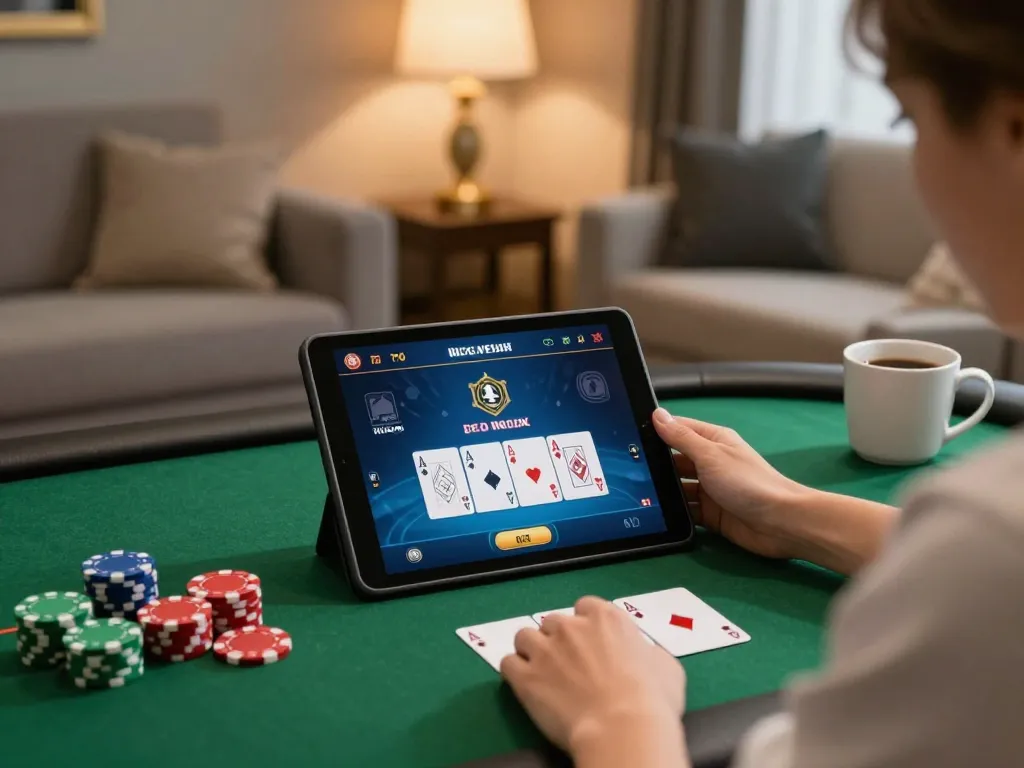 Player engages in strategic online poker at gk88, showcasing a cozy and inviting home atmosphere.