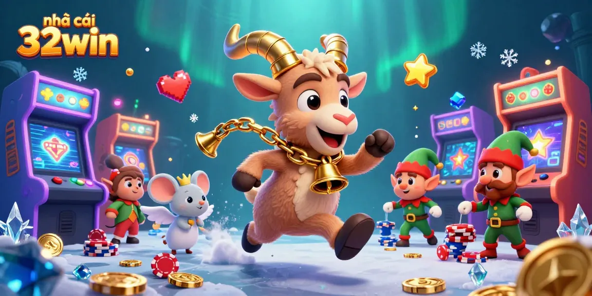 Join the fun at nhà cái 32win's cartoon casino with Krampus, angel mouse, and elf gremlins!