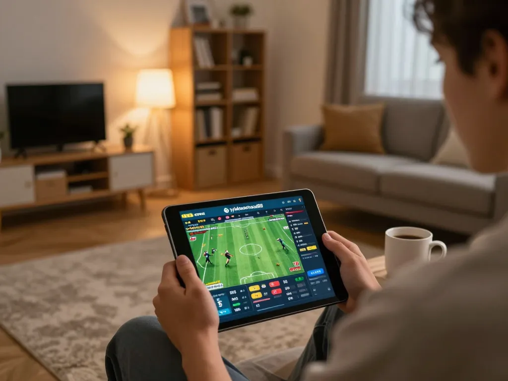 Person engaging in online sports betting on the tylekeonhacai88 platform in a cozy home setting.
