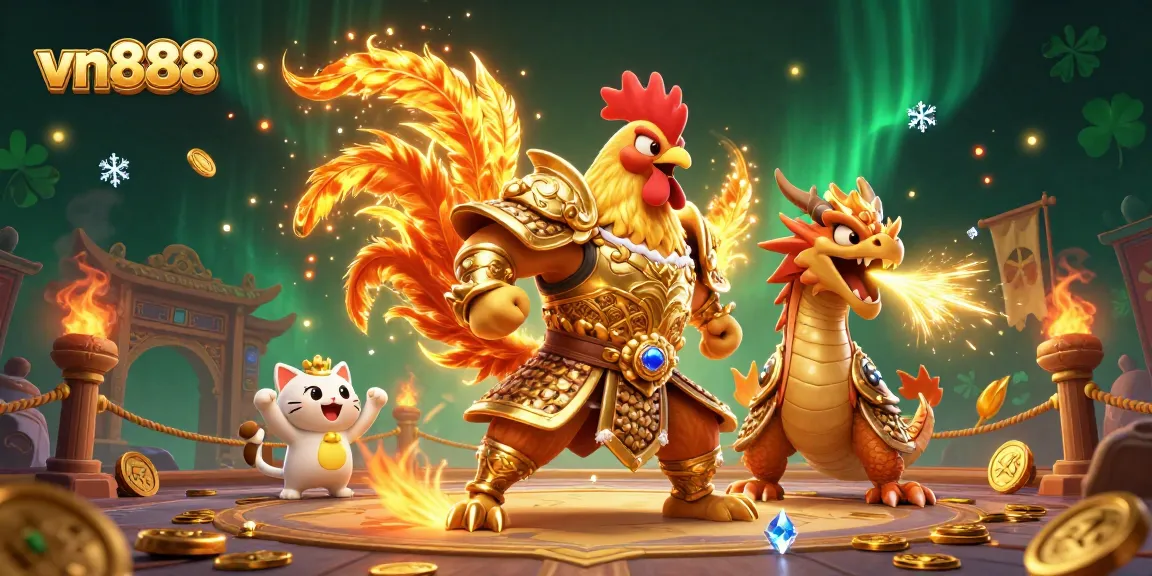 Engage with vn888's thrilling online gambling experience featuring a dynamic scene of a rooster warrior, dragon hatchling, and fortune cat.