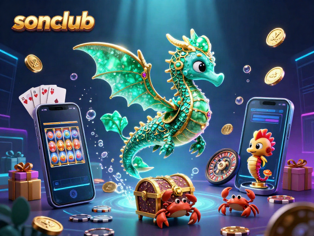 Engaging sonclub gaming experience featuring a dragon, treasure chest, and slot elements in a dynamic sea setting.