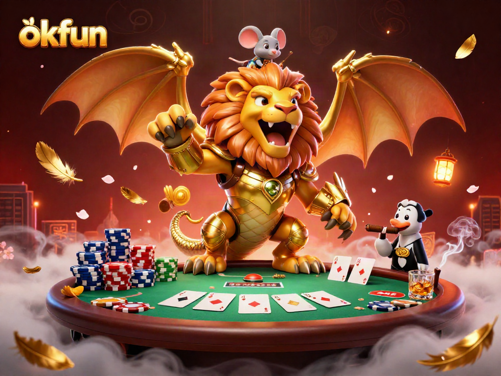 Engage with okfun's vibrant casino world as a chimera creature triumphs at a poker table.