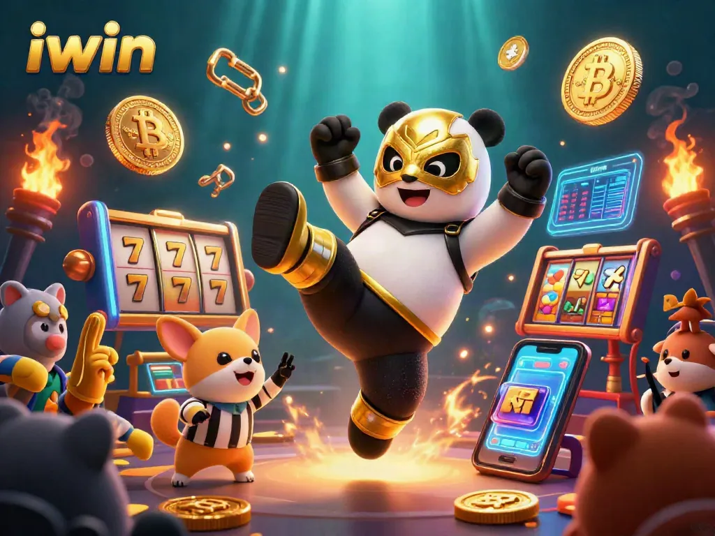 iwin showcases an adventurous scene with a wrestling panda and casino slot elements.