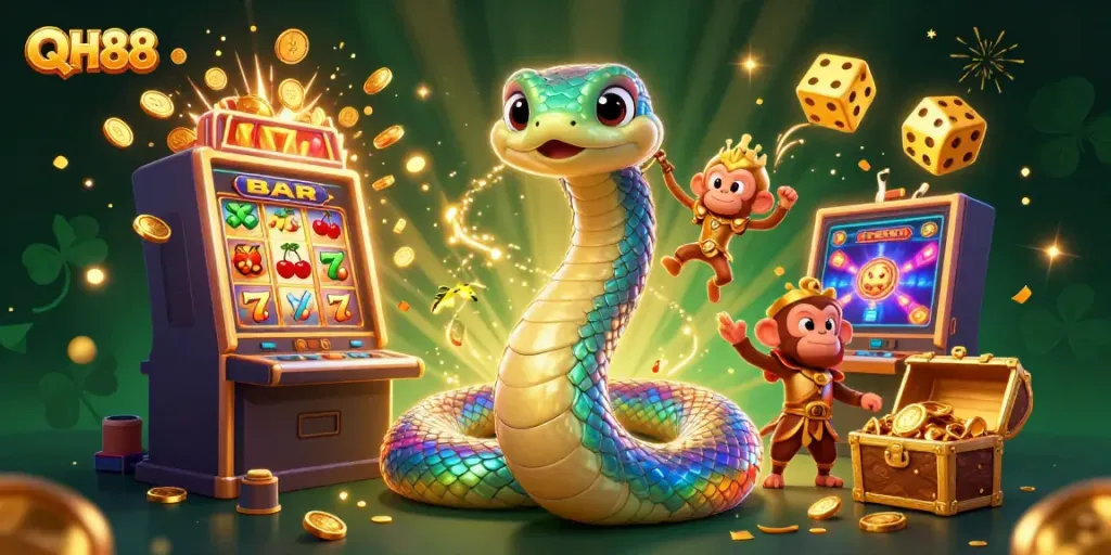 Experience the excitement of QH88 with dynamic casino elements and characters in this vibrant illustration.