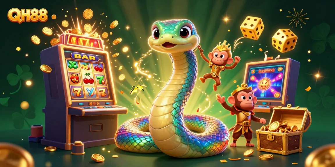 Experience the excitement of QH88 with dynamic casino elements and characters in this vibrant illustration.