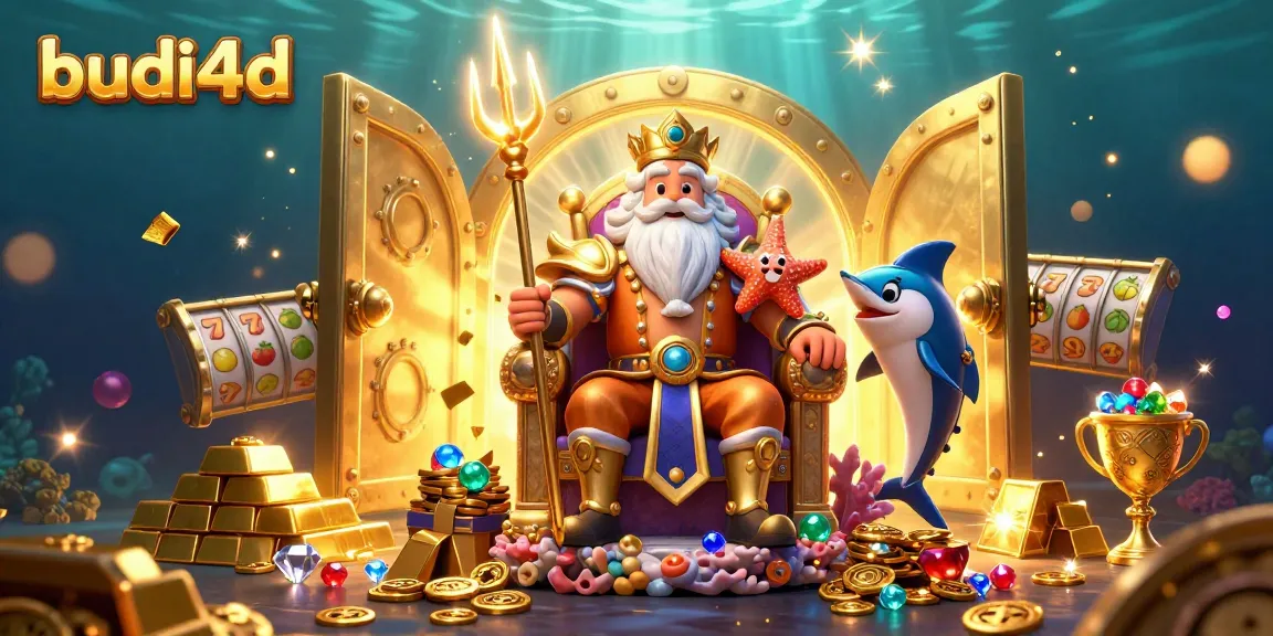 Experience thrilling wins with budi4d's 3D illustration of Neptune and treasures at a bustling underwater casino.
