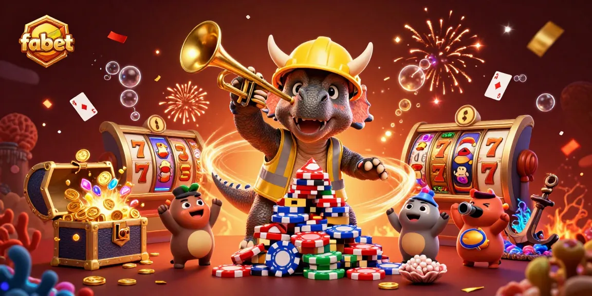 Join the fabet celebration with triceratops building a poker chip pyramid in a vibrant 3D casino scene.