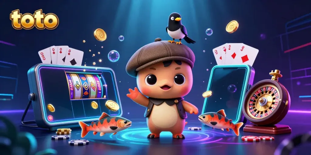 Play and win with toto in a vibrant casino-themed underwater scene with cartoon characters.
