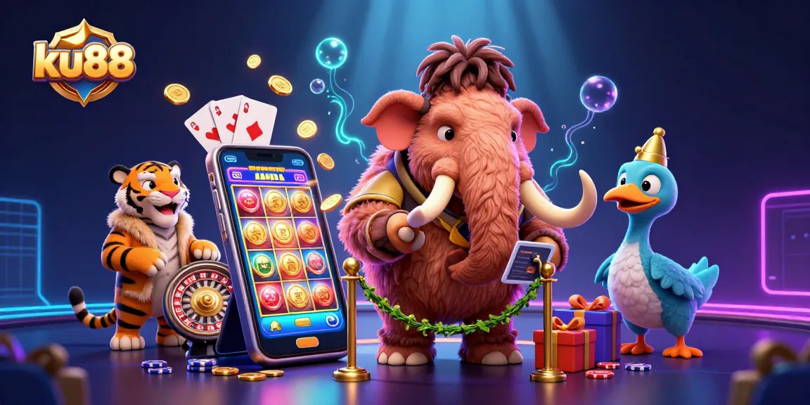 ku88 casino bouncer checking IDs with a saber-tooth tiger VIP, surrounded by vibrant slot game elements