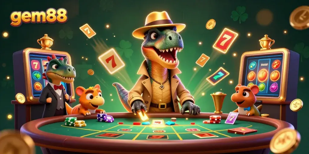 Experience the excitement of gem88 at a dynamic blackjack table with cartoon dinosaurs.