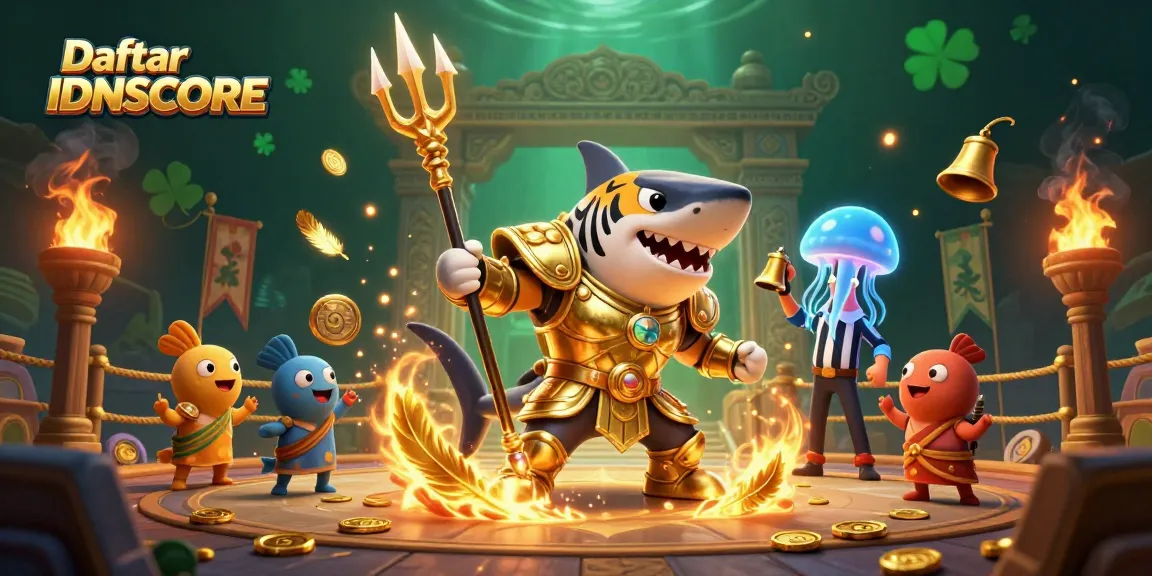 Engage in epic gaming with Daftar IDNSCORE as golden gladiators battle in a vibrant underwater arena.